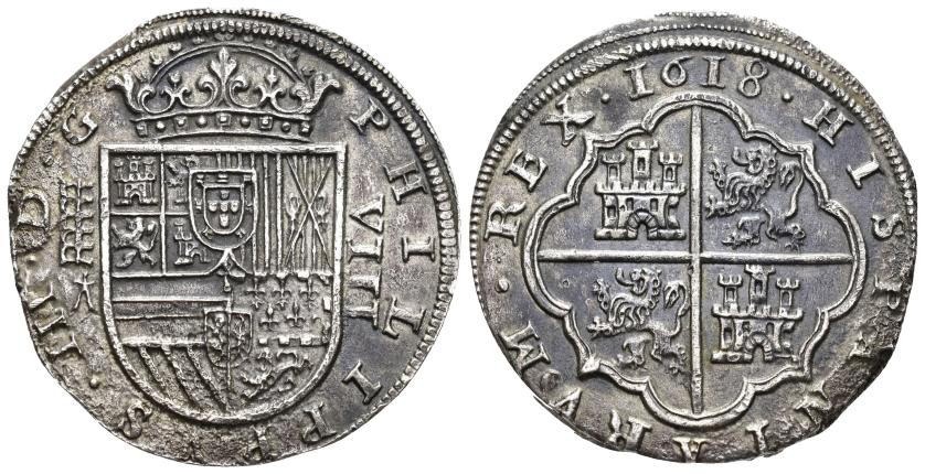 2491   -  FELIPE III. 8 reales. 1618. Segovia. A superada de cruz. AR 24,14 g. 39,6 mm. AC-949. Oxidaciones marinas. MBC+. 