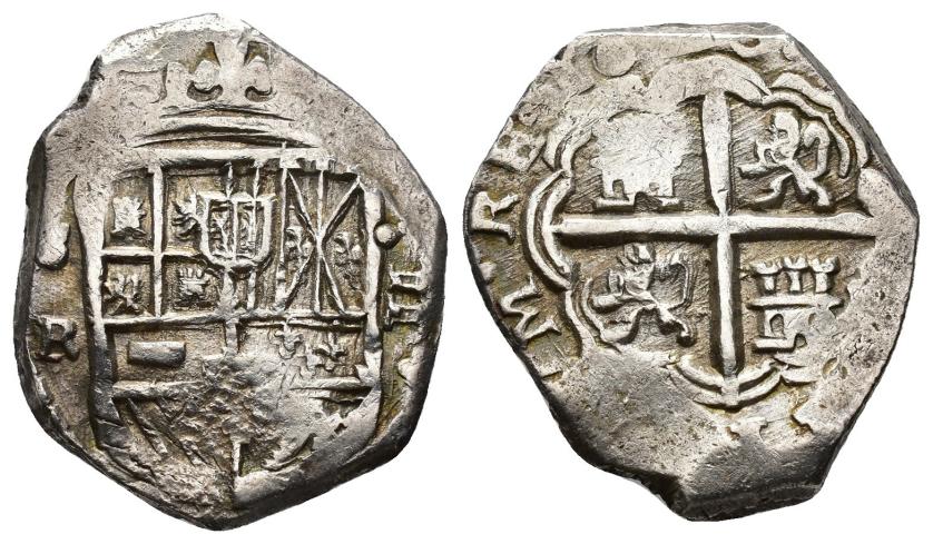 2496   -  FELIPE IV. 2 reales. S/F. Sevilla. R. 16(2)8. AR 6,78 g. 24,6 mm. AC-973. MBC.