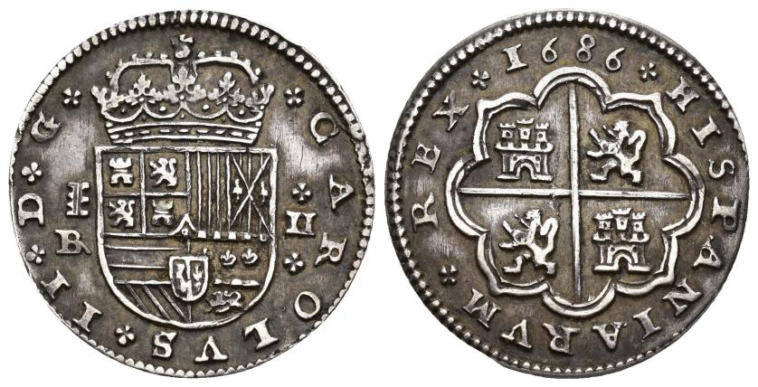 2500   -  CARLOS II. 2 reales. 1686. Segovia. BR. AR,6,41 g. 27,3 mm. AC-448. MBC+. Muy escasa.