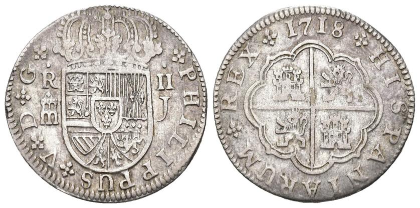 2503   -  FELIPE V. 2 reales. 1718. Segovia. J. PHILIPPUS. AR 5,31 g. 26,6 mm. AC-948. MBC/MBC-. Muy escasa.