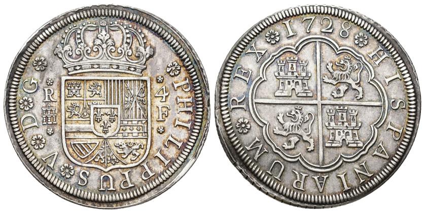 2504   -  FELIPE V. 4 reales. 1728. Segovia. F. AR 13,57 g. 36 mm. VI-970. EBC/EBC-. 