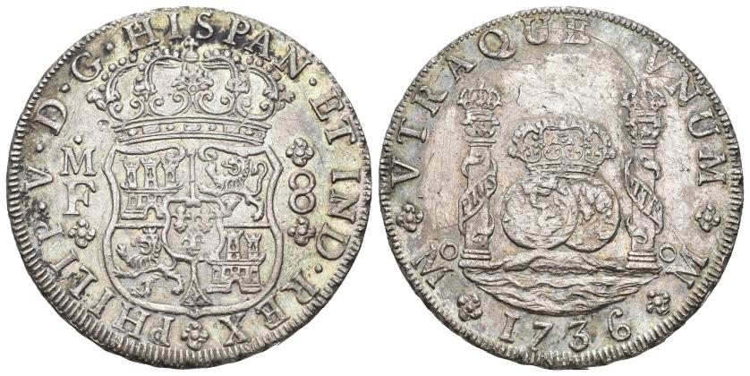 2506   -  FELIPE V. 8 reales. 1736. México. MF. AR 26,84 g. 38,5 mm. VI-1144. Múltiples rayitas en rev. EBC-/MBC.