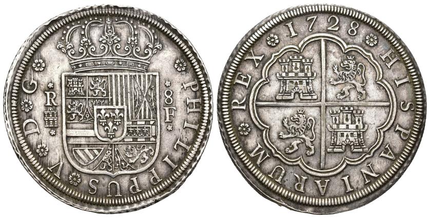 2508   -  FELIPE V. 8 reales. 1728. Segovia. F. AR 26,8 g. 42,6 mm. VI-1245. MBC+/MBC. Escasa.