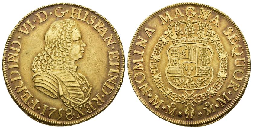 2512 - FERNANDO VI. 8 escudos. 1758. México. MM. AU 27,07 g. 36,5 mm. VI-608. Ligera pátina de monetario. MBC+/EBC-. Muy escasa.