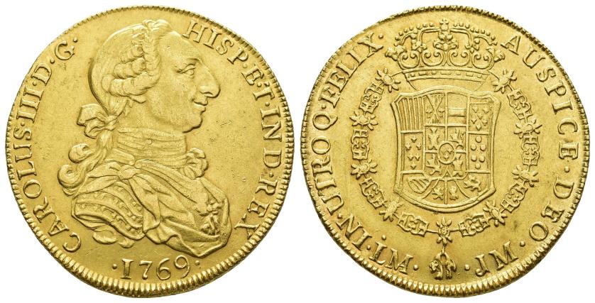 2514   -  CARLOS III. 8 escudos. 1769. Lima. JM. AU 26,98 g. 36,8 mm. VI-1592. EBC-. Rara. 
