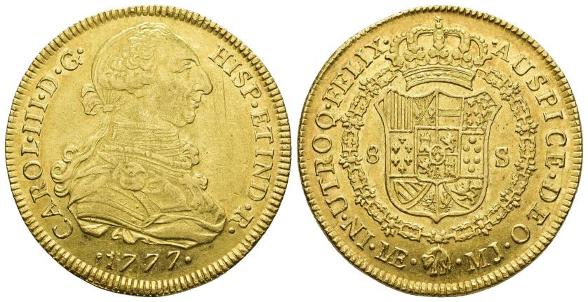 2517 - CARLOS III. 8 escudos. 1777. Lima. MJ. AU 27,04 g. 38,6 mm. VI-1604. Finas rayitas. R.B.O. MBC+/EBC-. Rara.