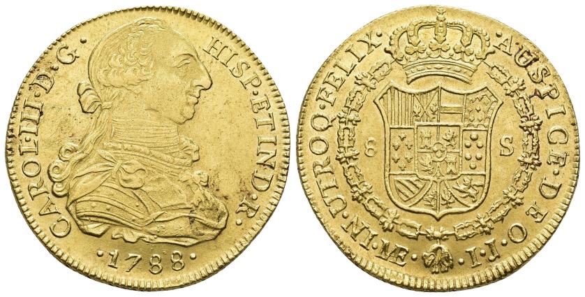 2521   -  CARLOS III. 8 escudos. 1788. Lima. IJ. AU 27,04 g. 37,3 mm. VI-1616. Rayitas en rev. R.B.O. EBC-/EBC.