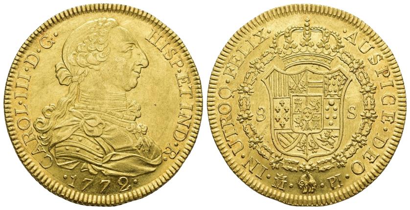2522   -  CARLOS III. 8 escudos. 1772. Madrid. PJ. AU,,27,05 g. 38,1 mm. VI-1619. Pequeñas marcas. B.O. EBC. Escasa. 