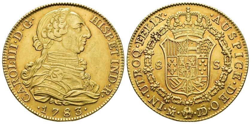 2523 - CARLOS III. 8 escudos. 1783. Madrid. JD. AU 26,99 g. 36,8 mm. VI-1627. Ligera pátina rojiza. R.B.O. EBC-. Escasa.