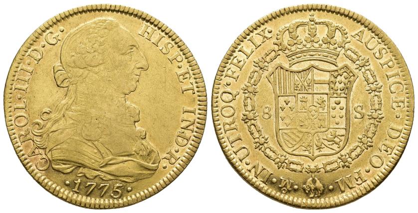 2525 - CARLOS III. 8 escudos. 1775. México. FM. AU 26,99 g. 37,5 mm. VI-1652. Acuñación floja en anv. R.B.O. MBC/EBC. Escasa.