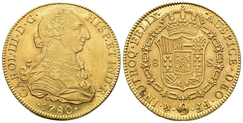 2526   -  CARLOS III. 8 escudos. 1780. México. FF. AU 27,06 g. 37 mm. VI-. R.B.O. EBC-. Escasa. 