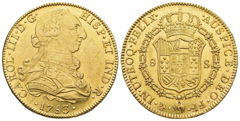 2527   -  CARLOS III. 8 escudos. 1783. México. FF. AU 27,03 g. 37,1 mm. VI-1660. Ligeras trazas de limpiezas. R.B.O. EBC-/EBC. 