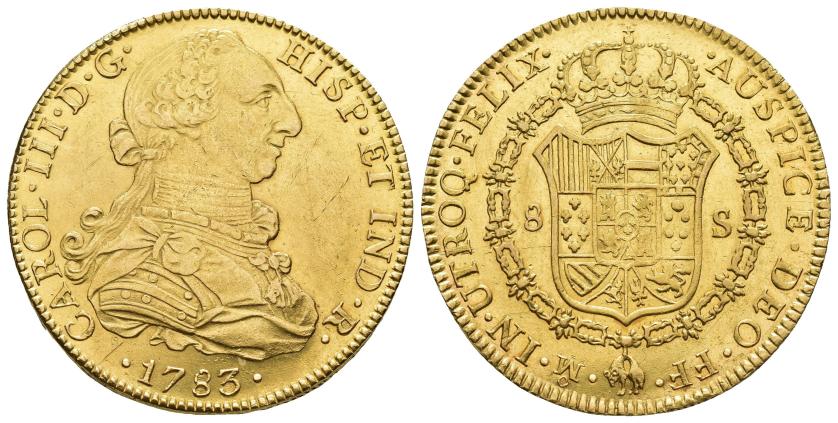 2527 - CARLOS III. 8 escudos. 1783. México. FF. AU 27,03 g. 37,1 mm. VI-1660. Ligeras trazas de limpiezas. R.B.O. EBC-/EBC.