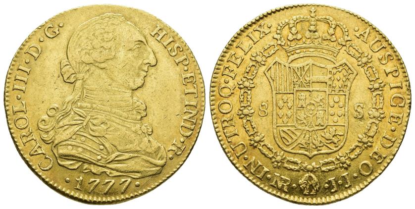 2529   -  CARLOS III. 8 escudos. 1777. Nuevo Reino. JJ. AU 26,92 g. 36,6 mm. VI-1688. R.B.O. MBC+. 