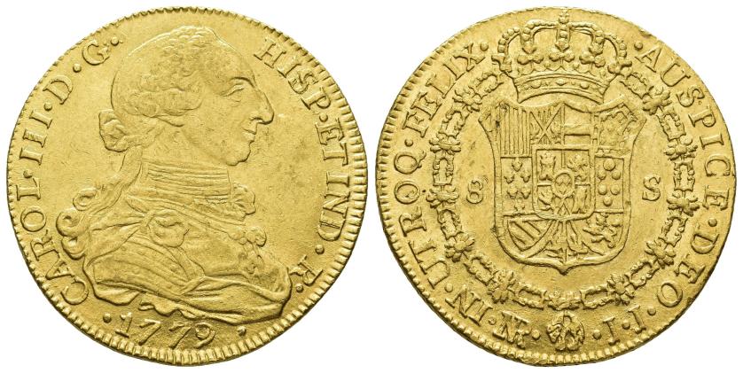 2530   -  CARLOS III. 8 escudos. 1779. Nuevo Reino. JJ. AU 26,96 g. 36,7 mm. VI-1690. Pequeñas marcas. R.B.O. EBC-. 
