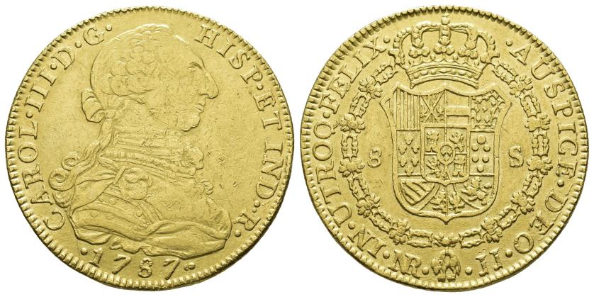 2532   -  CARLOS III. 8 escudos. 1787. Nuevo Reino. JJ. AU 26,91 g. 37,1 mm. VI-1698. Pequeñas marcas. MBC.