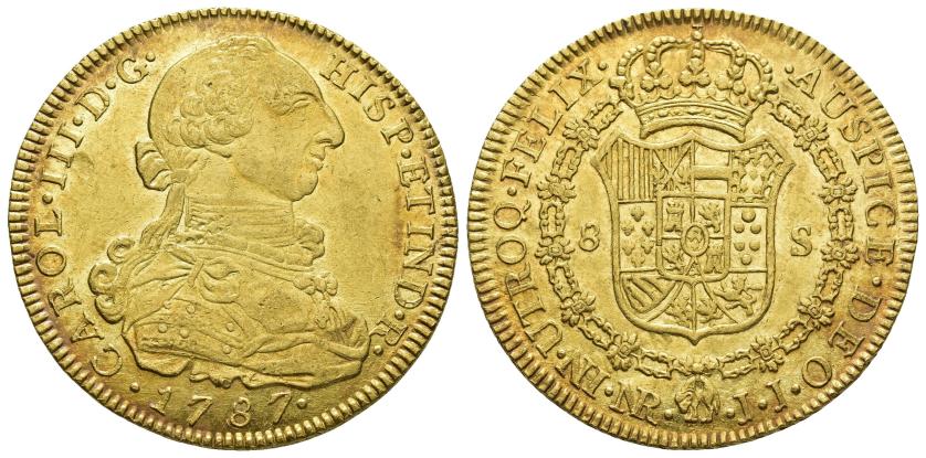 2533   -  CARLOS III. 8 escudos. 1787. Nuevo Reino. JJ. AU 27,03 g. 38,2 mm. VI-1698. Golpecitos en anv. R.B.O. EBC. 