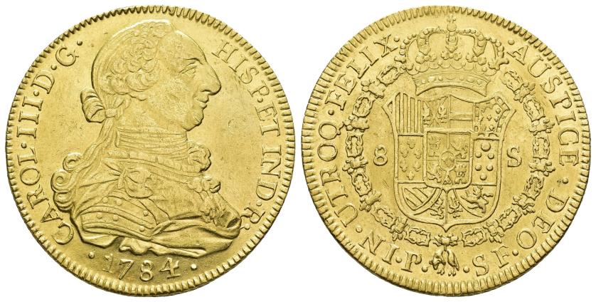 2535 - CARLOS III. 8 escudos. 1784. Popayán. SF. AU 27,02 g. 36,9 mm. VI-1723. Ligeras trazas de limpieza. R.B.O. EBC-.
