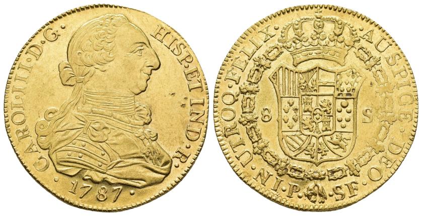 2536 - CARLOS III. 8 escudos. 1787. Popayán. SI. AU 27,1 g. 36,1 mm. VI-1726. Pequeños punzones en anv. y rev. pleno B.O. EBC+.