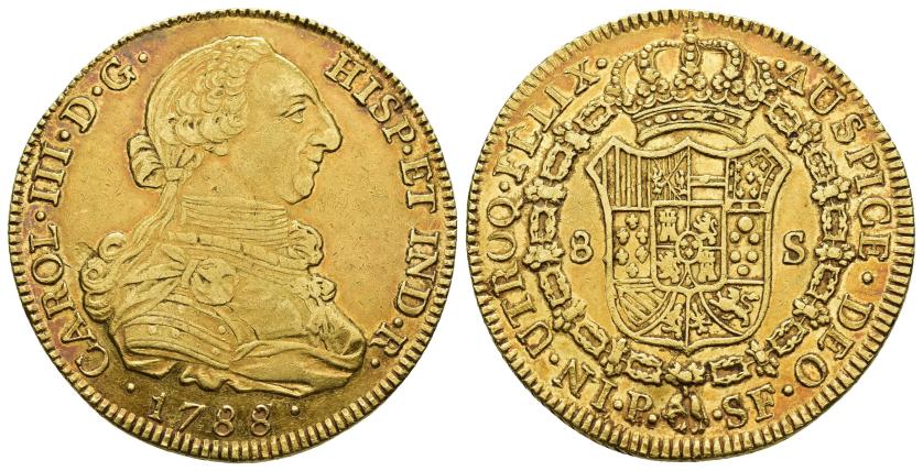 2537   -  CARLOS III. 8 escudos. 1788/7. Popayán. SF. AU 27,05 g. 37,3 mm. VI-1727. Pátina de monetario. R.B.O. MBC+. 