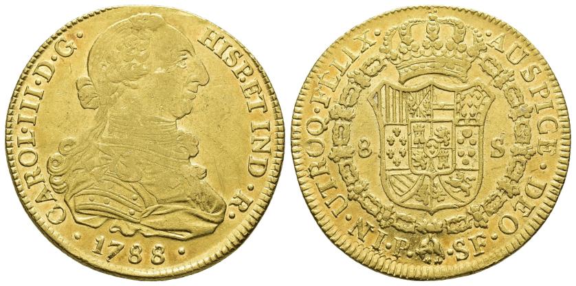 2538   -  CARLOS III. 8 escudos. 1788. Popayán. SF. AU 26,45 g. 37,3 mm. VI-1727. Pequeñas marcas. R.B.O. MBC+/EBC-. 