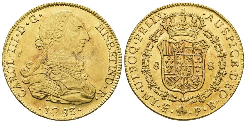 2539   -  CARLOS III. 8 escudos. 1783. Potosí. PR. AU 27 g. 38,3 mm. VI-1734. Pequeñas marcas. R.B.O. EBC-/EBC. 