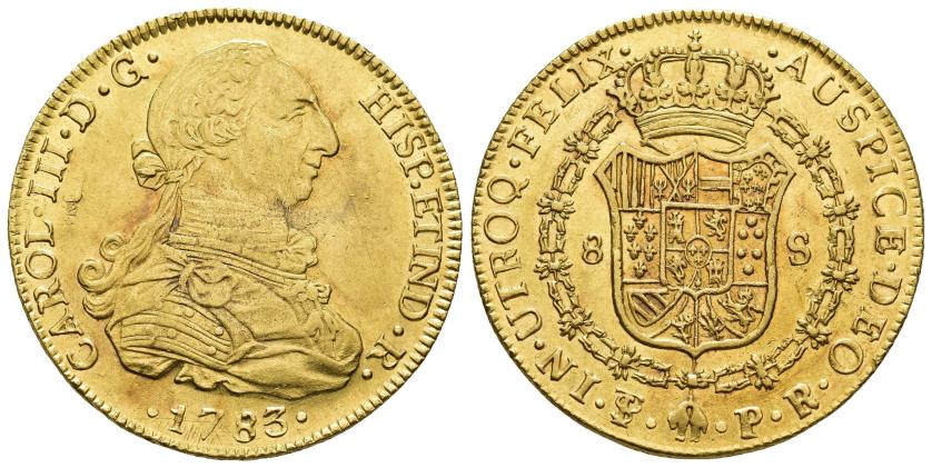 2539 - CARLOS III. 8 escudos. 1783. Potosí. PR. AU 27 g. 38,3 mm. VI-1734. Pequeñas marcas. R.B.O. EBC-/EBC.