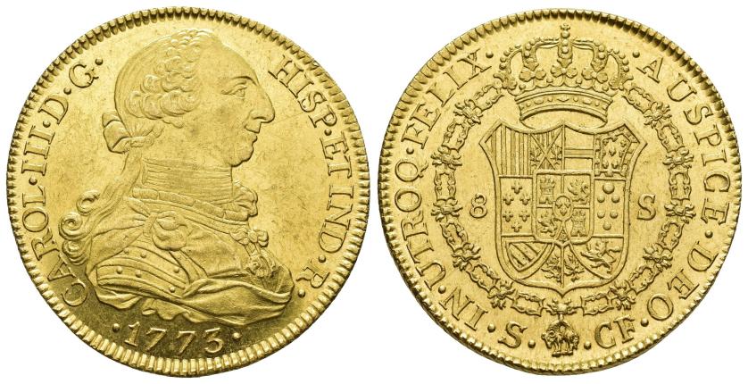 2543   -  CARLOS III. 8 escudos. 1773. Sevilla. CF. AU 26,47 g. 37 mm. VI-1775. Pequeñas marcas en anv. B.O. EBC/EBC+. Muy escasa. 
