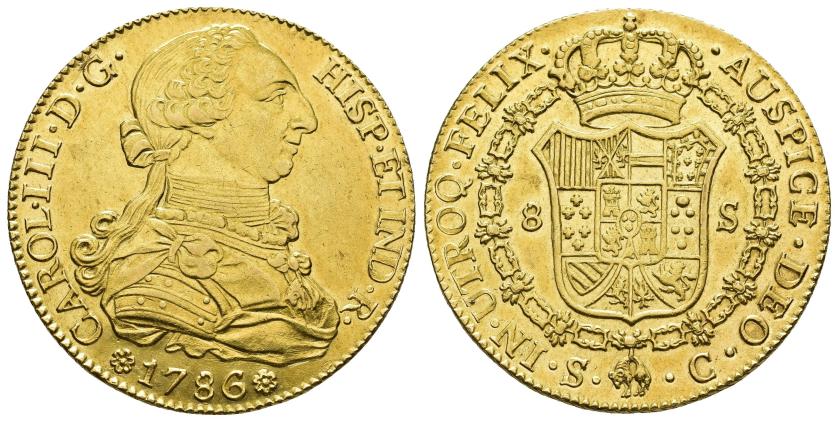 2544   -  CARLOS III. 8 escudos. 1786. Sevilla. C. AU 27 g. 35,9 mm. VI-1781. R.B.O. EBC/EBC+.