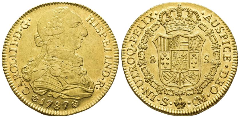 2546   -  CARLOS III. 8 escudos. 1787. Sevilla. CM. AU 27,05 g. 37,7 mm. VI-1782. Pequeños defectos de cospel. R.B.O. EBC-/EBC.
