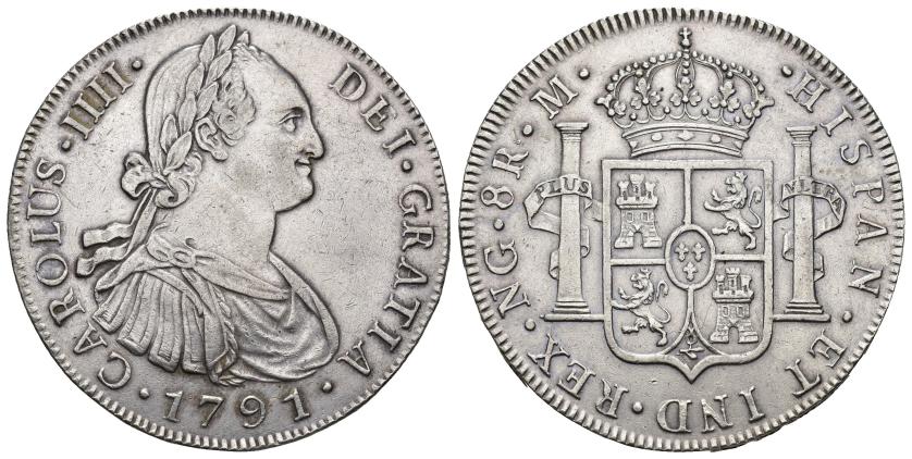 2548   -  CARLOS IV. 8 reales. 1791. N. Guatemala. M. AR 26,96 g. 40,1 mm. VI-732. Limpiada. EBC-. Muy escasa.