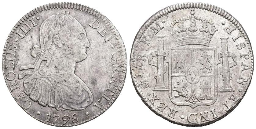 2549   -  CARLOS IV. 8 reales. 1798. México. FM. AR 27 g. 39,7 mm. VI-794. Pequeños vanos. MBC/MBC+.