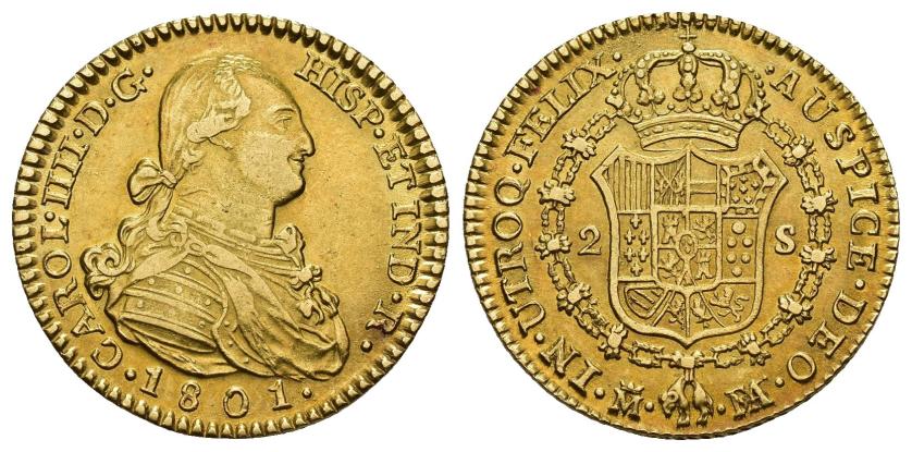 2550   -  CARLOS IV. 2 escudos. 1801. Madrid. FA sobre MF. AU 6,83 g. 22,5 mm. VI-1052. MBC+/EBC-.