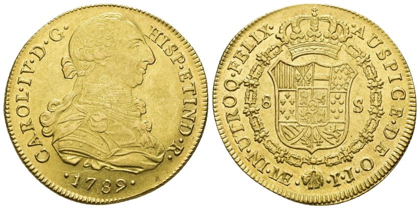 2551   -  CARLOS IV. 8 escudos. 1789. Lima. IJ. AU 27,06 g. 38,4 mm. VI-1295. Mínima hojita en anv. R.B.O. EBC-/EBC. 