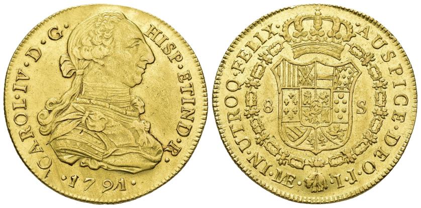 2552 - CARLOS IV. 8 escudos. 1791. Lima. IJ. AU 27,01 g. 37,8 mm. VI-1297. Pequeñas marcas y ligeras trazas de limpieza. R.B.O. MBC+/EBC-.