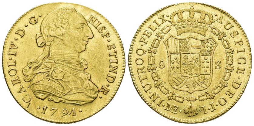 2552   -  CARLOS IV. 8 escudos. 1791. Lima. IJ. AU 27,01 g. 37,8 mm. VI-1297. Pequeñas marcas y ligeras trazas de limpieza. R.B.O. MBC+/EBC-. 