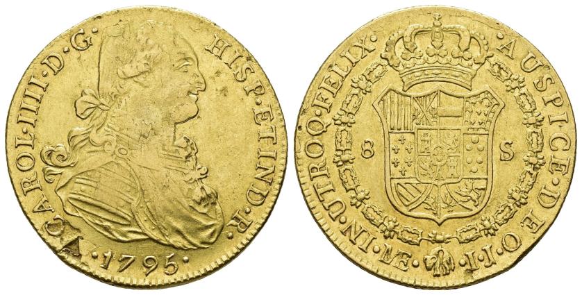 2555   -  CARLOS IV. 8 escudos. 1795. Lima. IJ. AU 26,82 g. 36,2 mm. VI-1301. Hoja y hojitas. MBC+.