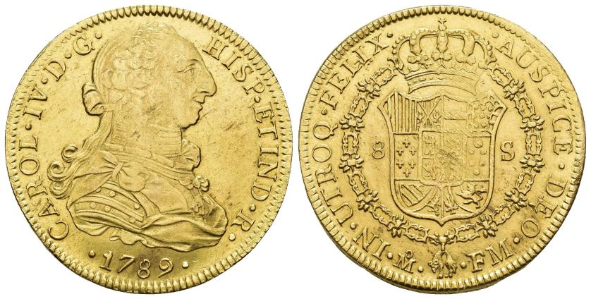 2557 - CARLOS IV. 8 escudos. 1789. México. FM. AU 27,07 g. 37,6 mm. VI-1324. Rayitas de ajuste en rev. Ligeras trazas de limpieza. R.B.O. EBC-.