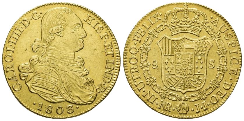 2561   -  CARLOS IV. 8 escudos. 1803. Nuevo Reino. JJ. AU 26,89 g. 36,1 mm. VI-1361. Hojita en rev. y pequeñas marcas. MBC+.