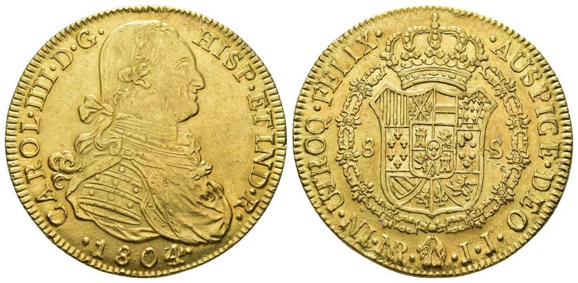 2562   -  CARLOS IV. 8 escudos. 1804/3. Nuevo Reino. JJ. AU 26,51 g. 26,7 mm. VI-1362. R.B.O. EBC-/EBC. 