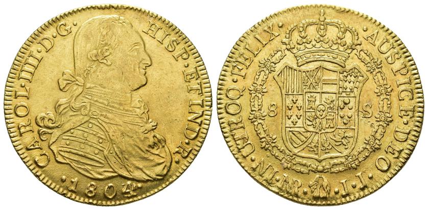 2562 - CARLOS IV. 8 escudos. 1804/3. Nuevo Reino. JJ. AU 26,51 g. 26,7 mm. VI-1362. R.B.O. EBC-/EBC.