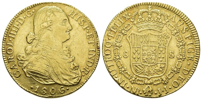 2564   -  CARLOS IV. 8 escudos. 1806. Nuevo Reino. JJ. AU 26,97 g. 36,2 mm. VI-1364. 2 golpes en canto. MBC. 