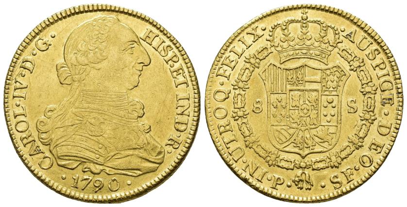 2565 - CARLOS IV. 8 escudos. 1790. Popayán. SF. AU 27,07 g. 37,1 mm. VI-1369. Pequeñas marcas. R.B.O. EBC/EBC-.