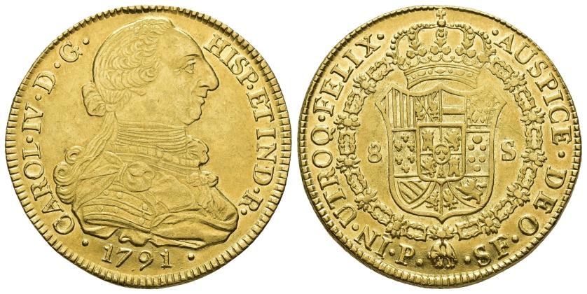 2566 - CARLOS IV. 8 escudos. 1791. Popayán. SF. AU 27 g. 36,7 mm. VI-1371. Rayita circular en la cara. R.B.O. EBC/EBC-.