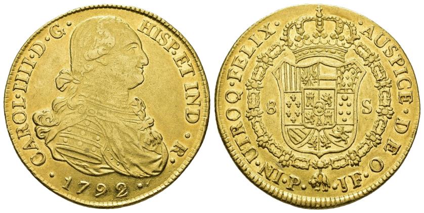 2567   -  CARLOS IV. 8 escudos. 1792. Popayán. JF. AU 27,07 g. 37,1 mm. VI-1372. R.B.O. EBC-/EBC+.