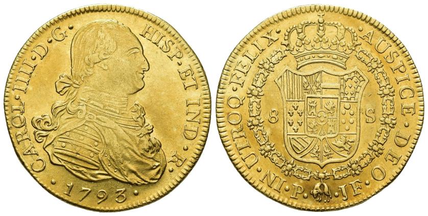 2568 - CARLOS IV. 8 escudos. 1793. Popayán. JF. AU 26,96 g. 37,1 mm. VI-1373. R.B.O. EBC-/EBC.
