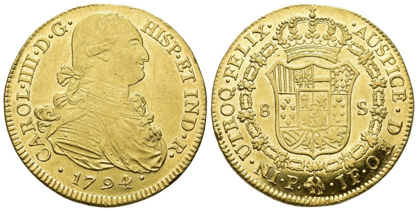 2569   -  CARLOS IV. 8 escudos. 1794. Popayán. JF. AU 27,06 g. 36,9 mm. VI-1374. R.B.O. EBC-/EBC. 