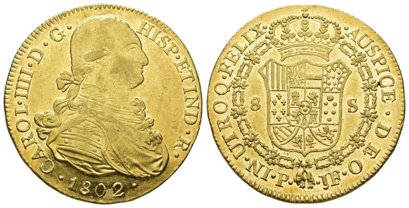 2573   -  CARLOS IV. 8 escudos. 1802. Popayán. JF. AU 27,04 g. 36,1 mm. VI-1382. Acuñación algo floja en anv. B.O. EBC-/EBC+. 