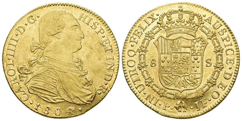 2574   -  CARLOS IV. 8 escudos. 1804. Popayán. JF. AU 26,89 g. 36,4 mm. VI-1384. B.O. EBC/EBC+. 