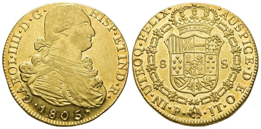 2575   -  CARLOS IV. 8 escudos. 1805. Popayán. JT. AU 27,06 g. 35,5 mm. VI-1386. B.O. EBC-/EBC+. 